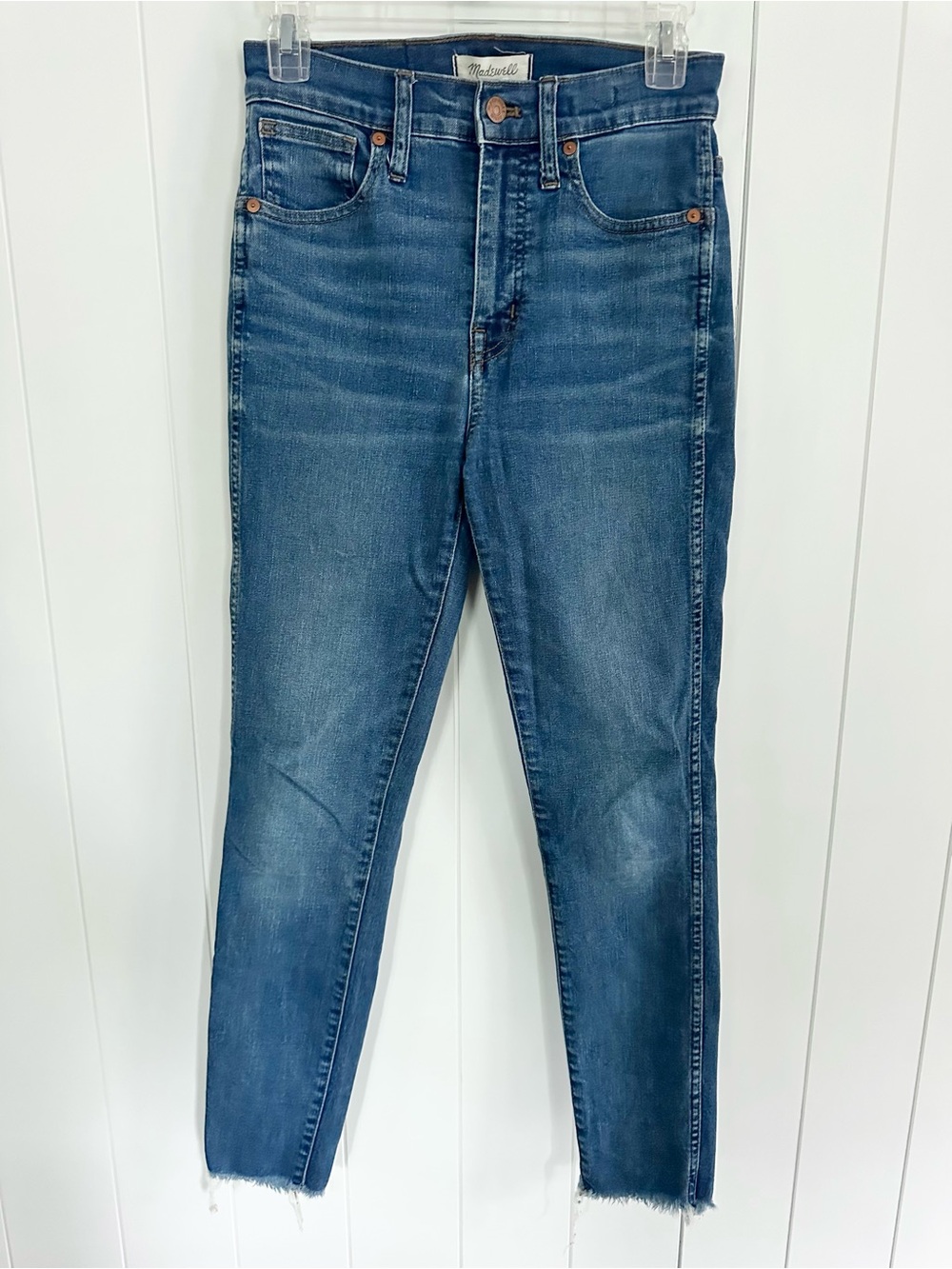 Madewell High-Rise Skinny Jeans in Medium Blue Wash and raw hem